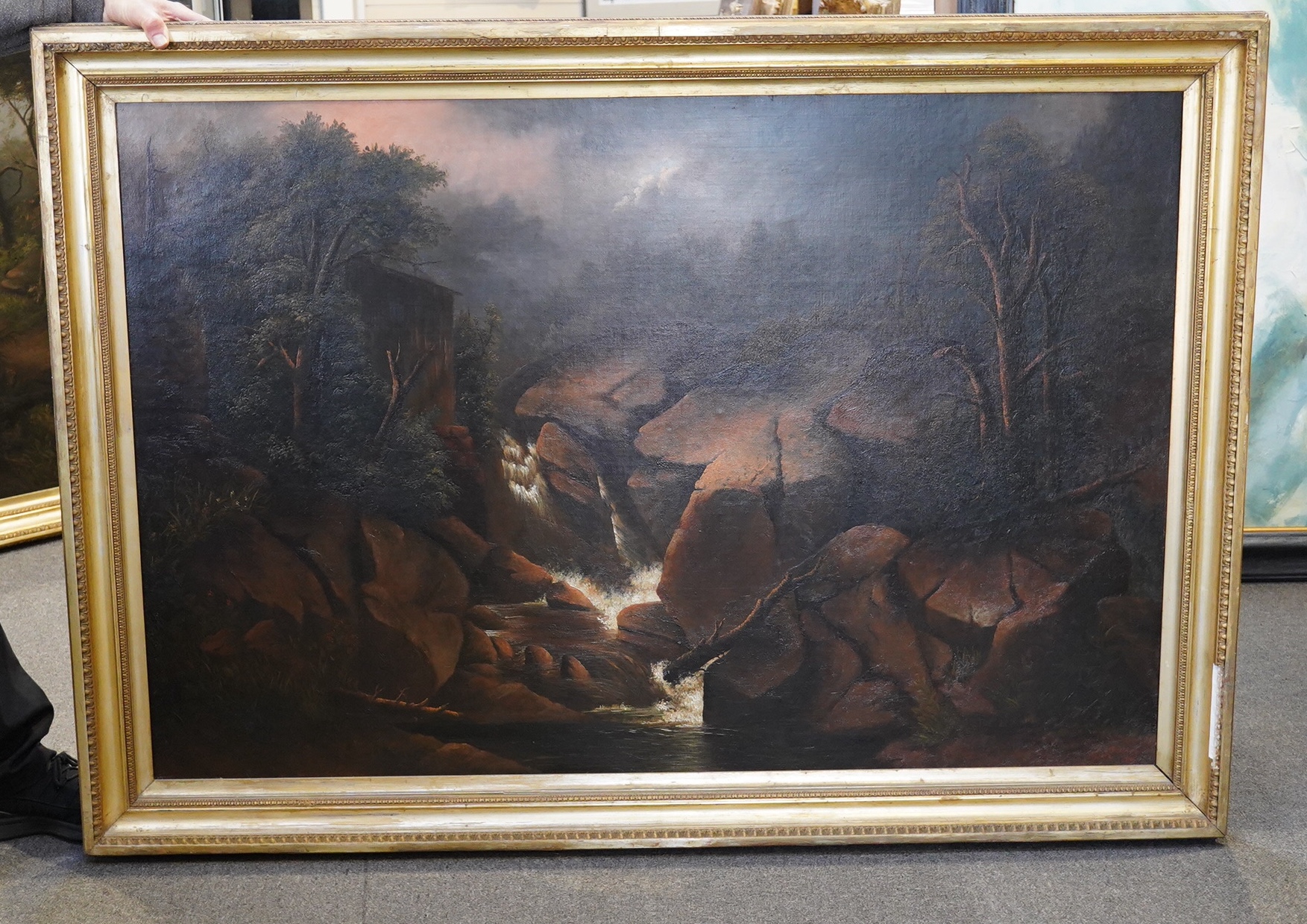 Amy Rainey, pair of oils on canvas, Woodland waterfalls, signed and dated 1885, ornate gilt framed, 90 x 135cm. Condition - good, relined